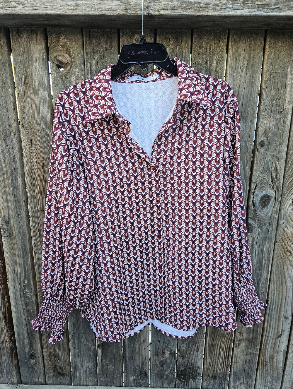 Fashion Woven Geometric Button-Front Blouse - Burgundy Women's Size XL - Picture 6 of 16